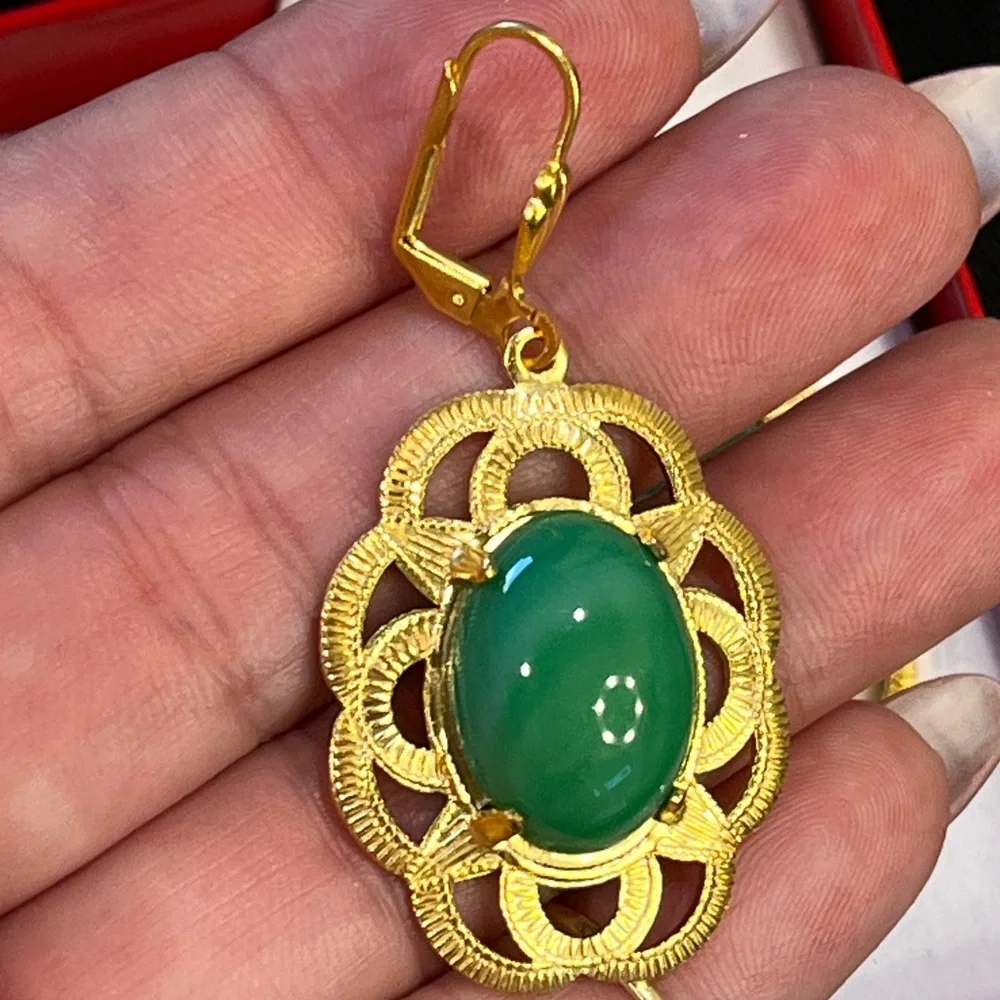 NWT 24kt Gold-Plated Gold and Green Magnolia Statement Earrings - Picture 2 of 5